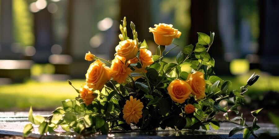 Bestattungen Baden | Blumenschmuck mit orangenen Blüten auf Grab