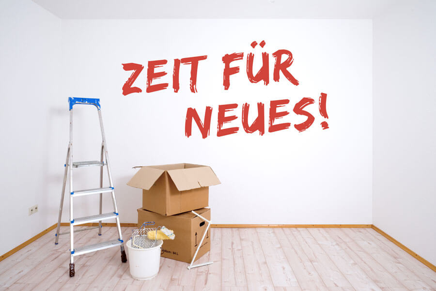 Umbau und Renovationen in Aarau | roter Schriftzug Zeit für Neues steht auf einer weißen Wand geschrieben