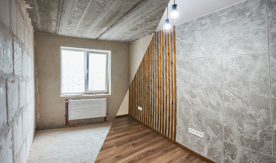 Umbau und Renovationen in Basel | Vorher-Nachher Bild Zimmer, Rohbau- /Wand-Bodenverkleidung